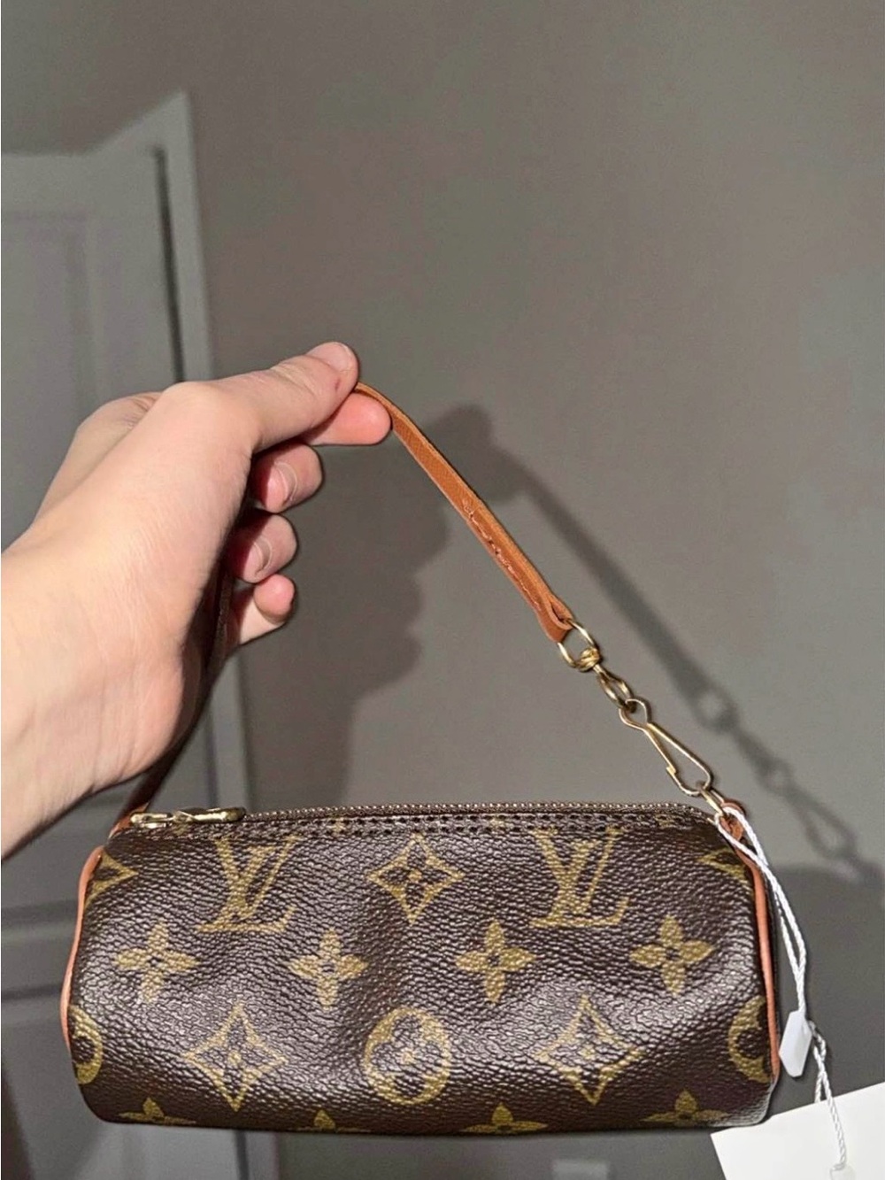 Louis Vuitton Brown Monogram Canvas Wristlet Pouchette with Tan Strap
